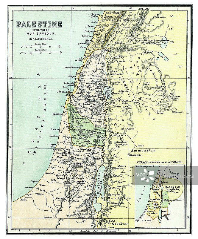 老式彩色石印地图：救世主时代的巴勒斯坦图片素材
