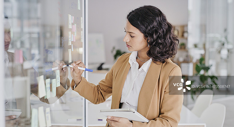 商务女性在玻璃板上规划和书写公司任务、项目计划或战略。女员工或计划员在便签上做笔记，提醒或公司目标图片素材