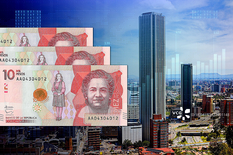 一万哥伦比亚比索纸币，哥伦比亚波哥大城市全景和股市指数图片素材