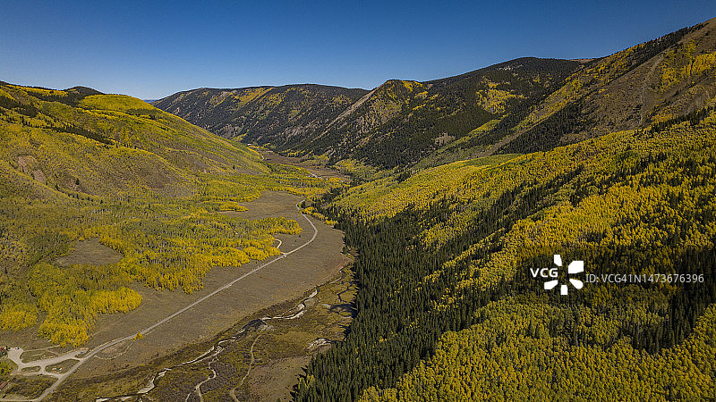 阿斯本附近城堡溪路上的秋色松树溪库克舍图片素材