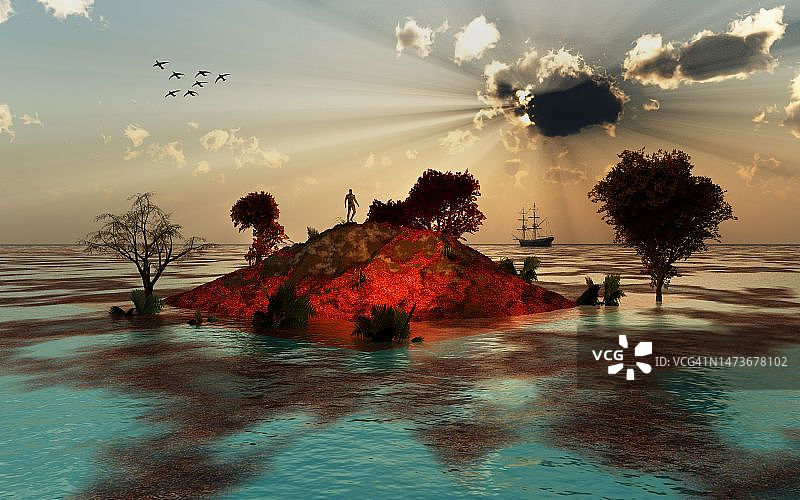 孤岛上的孤独身影图片素材