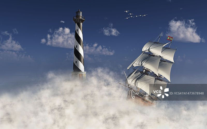 一艘西班牙双桅帆船驶过灯塔图片素材