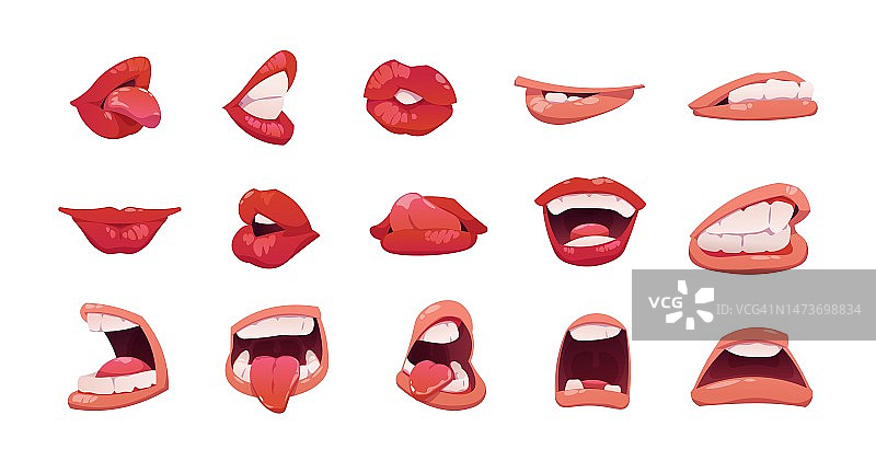 嘴部表情：卡通面部表情与张开和闭合的嘴唇、牙齿和舌头，快乐悲伤愤怒和性感的可爱表情集合矢量图图片素材