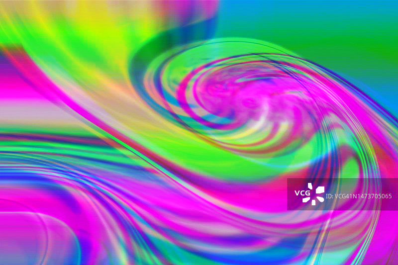 抽象的交织数字扭曲品红色粉色、薄荷绿色、蓝色、紫色、黄色霓虹彩虹波浪背景图片素材
