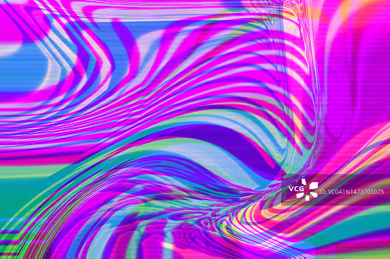 抽象的交织数字扭曲品红色粉色、薄荷绿色、蓝色、紫色、黄色霓虹彩虹波浪背景图片素材