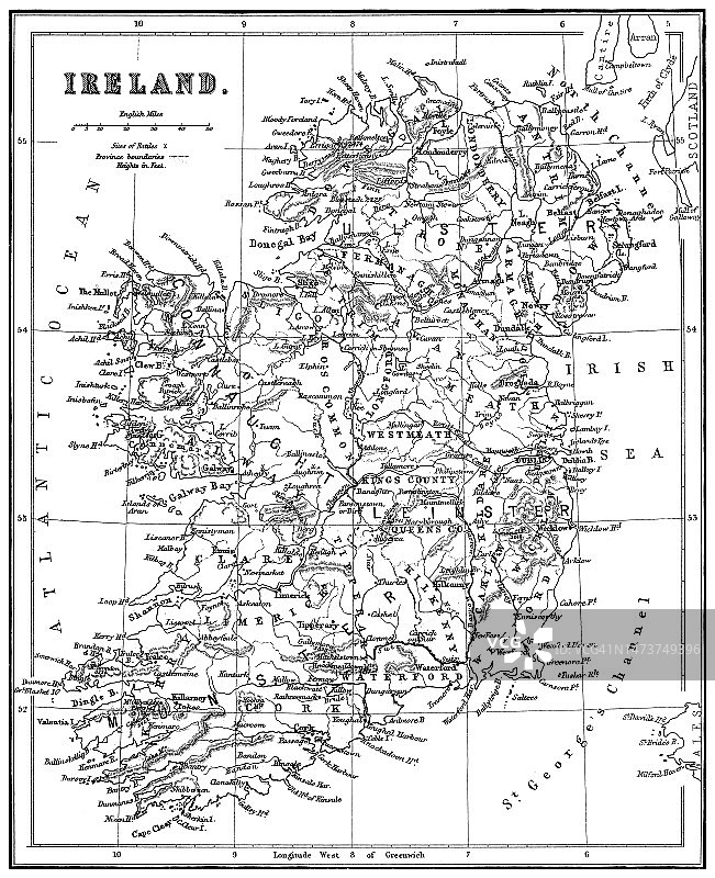 爱尔兰地图老式彩色石印插图图片素材