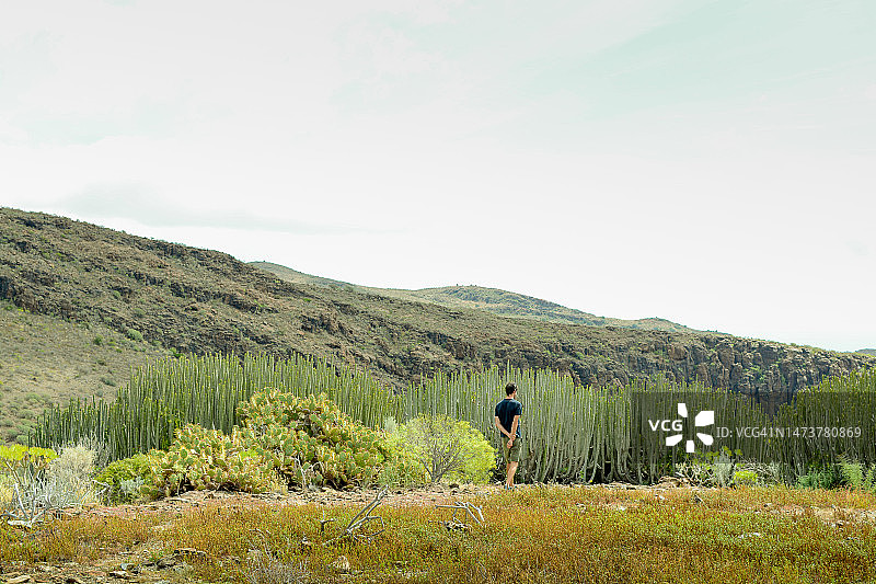 加那利群岛干旱景观中的年轻男人图片素材