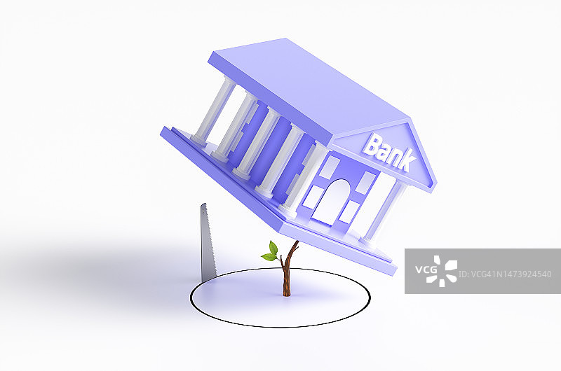 银行大楼悬挂在脆弱的树枝上，锯子在白色背景下的树枝下切割出一个圆圈，银行系统崩溃概念图片素材
