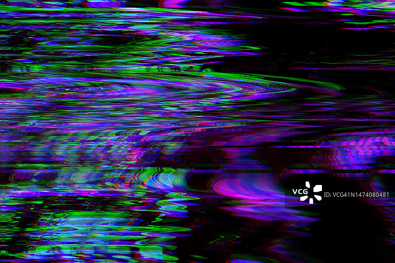 抽象扭曲的霓虹绿紫色线条背景。故障纹理艺术。黑色背景上的流行鲜艳的彩色图片素材