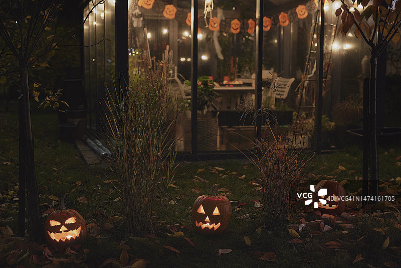 花园里的万圣节雕刻南瓜灯图片素材