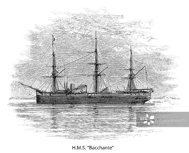 英国皇家海军巴克坎特号铁甲舰螺旋推进护卫舰古版画图片素材