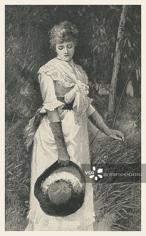 手持帽子的美丽年轻沉思女子古版画插图图片素材