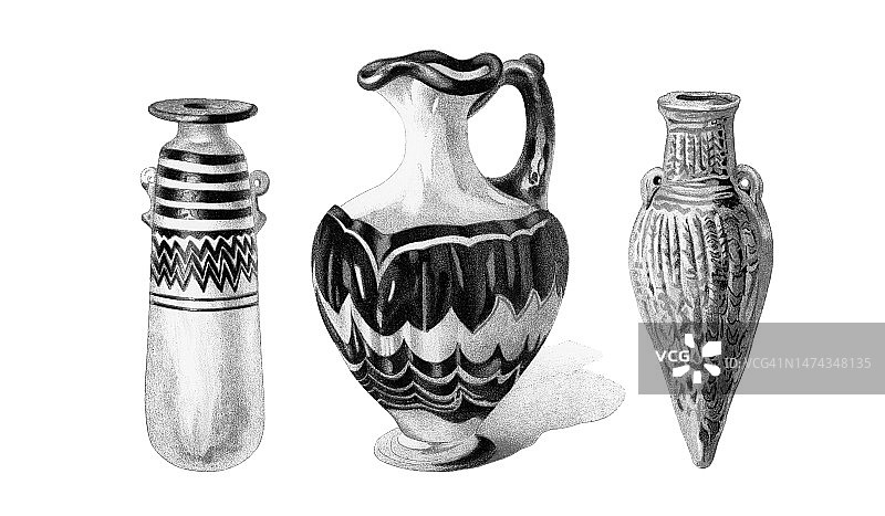 塞浦路斯古代彩绘装饰陶器花瓶和水罐老式雕刻插图图片素材