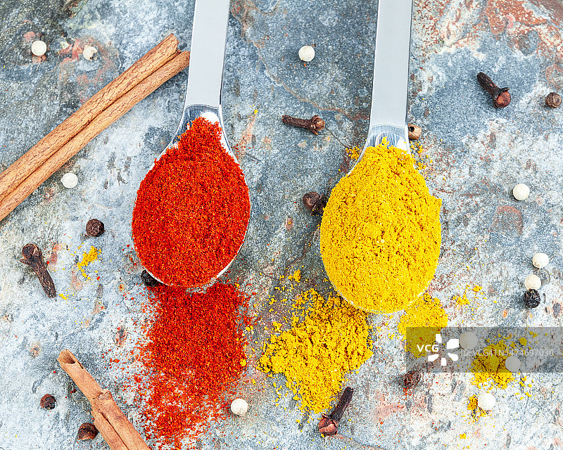 勺子里的红色和黄色香料图片素材