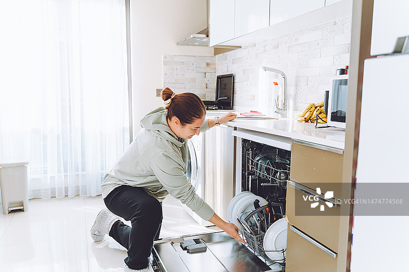 中年妇女将脏餐具放入现代化的嵌入式洗碗机中图片素材