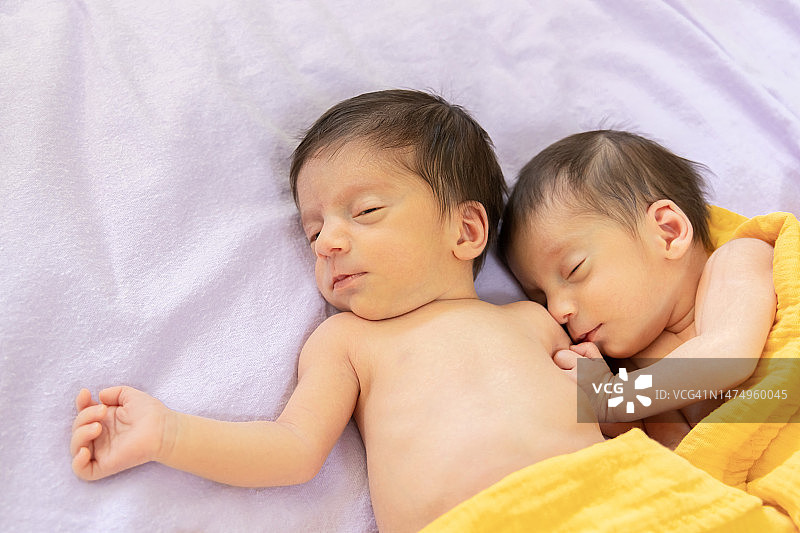 床上的双胞胎女孩，双胞胎日图片素材