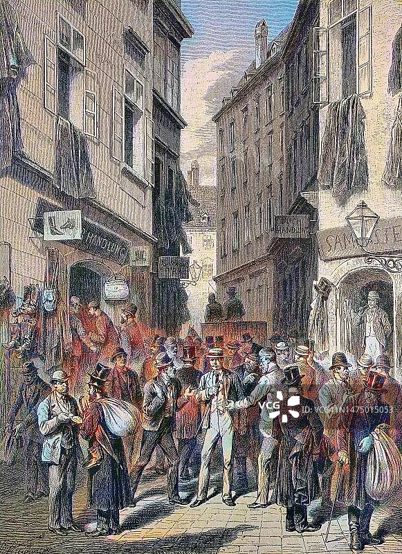 奥地利维也纳 Judengasse 历史木刻版画，约 1880 年，19 世纪原版数字修复再现，确切原始日期未知，彩色图片素材