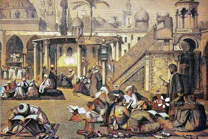 埃及开罗阿拉伯大学，历史木刻版画，约1880年，19世纪原版数字修复复制品，确切原始日期未知，彩色图片素材