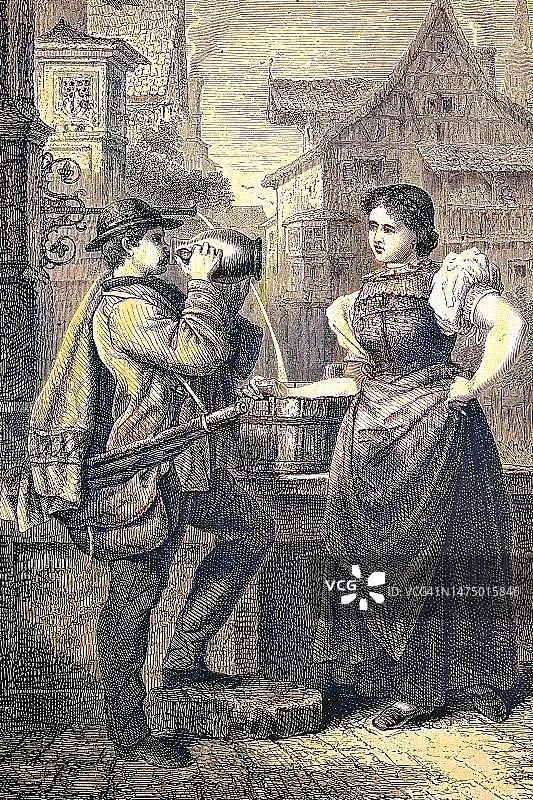 在德国巴登-符腾堡州罗特韦尔的流浪工匠，1870年左右的历史木刻图片素材