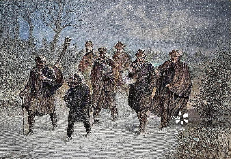 德国雪地乐队，1870年左右的历史木刻，19世纪原始版画的数字修复复制品，确切的原始日期未知，彩色图片素材