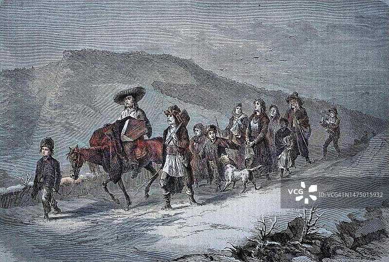 罗马尼亚特兰西瓦尼亚的吉普赛人葬礼，历史木刻，约1870年，19世纪原始印刷品的数字化修复复制品，确切的原始日期未知，彩色图片素材