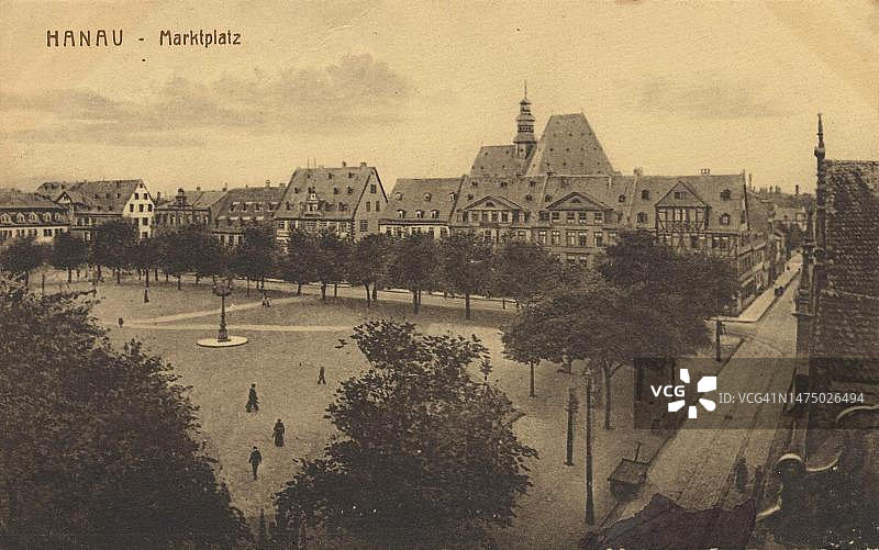 德国黑森州哈瑙市场，约1910年明信片图片素材