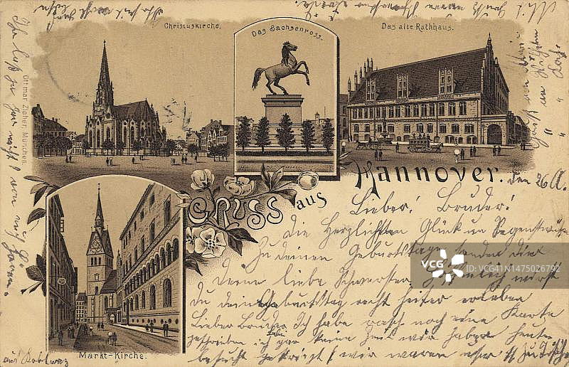 基督教堂、老市政厅、集市教堂、萨克森马、汉诺威、下萨克森州、德国,带文字的明信片,约1910年左右的景观,历史明信片的数字复制品,公共领域,来自那个时代,确切日期未知图片素材