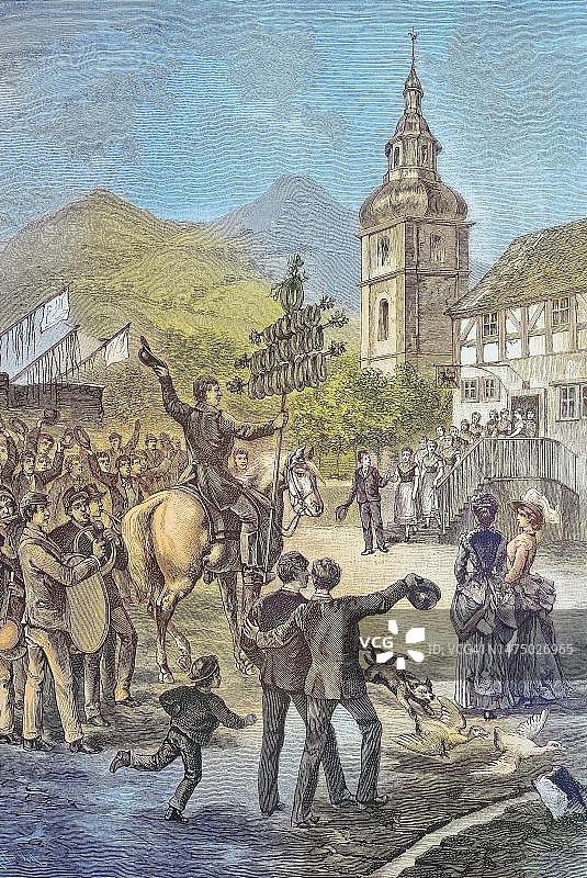 德国黑森州福格尔斯贝格的香肠集市（19世纪历史照片，数字化修复）图片素材