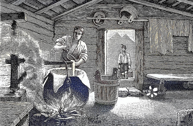 阿尔高阿尔卑斯小屋的奶酪制作，巴伐利亚，德国，19世纪原始数字修复再现图片素材