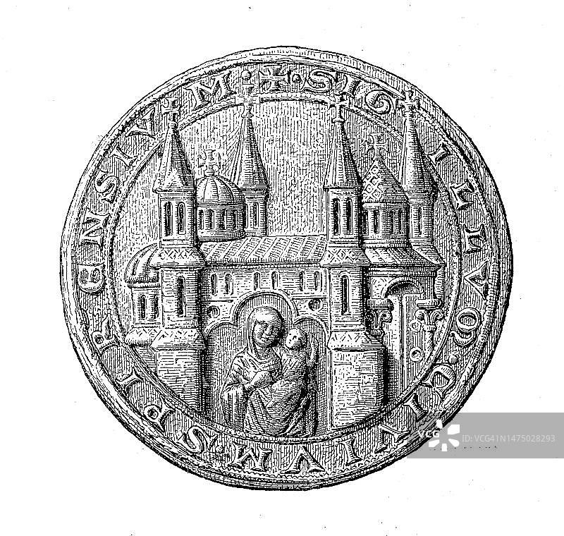 13至15世纪的中世纪城镇印章，德国施派尔，历史照片，19世纪原版数字化修复图片素材