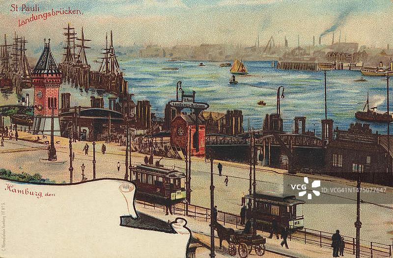 德国汉堡圣保利兰洪斯布吕肯明信片（约1910年）图片素材
