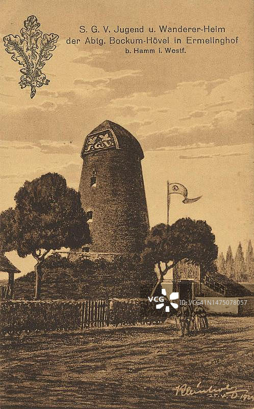 埃尔梅林霍夫的青年之家,来自德国北莱茵-威斯特法伦州哈姆的问候,约1910年的历史明信片,公共领域,确切日期未知图片素材