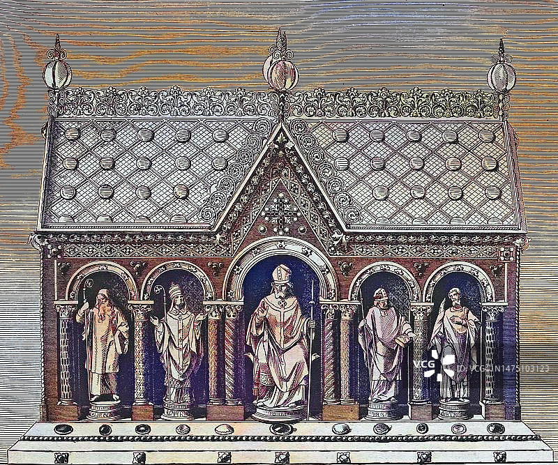 圣科尔比尼安神殿，圣玛利亚和圣科尔比尼安大教堂，弗赖辛，巴伐利亚，德国，1860年历史钢版雕刻图片素材