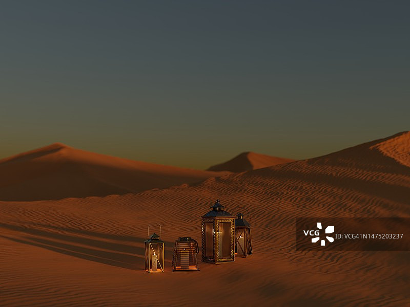 日落时分沙漠中的斋月灯笼图片素材