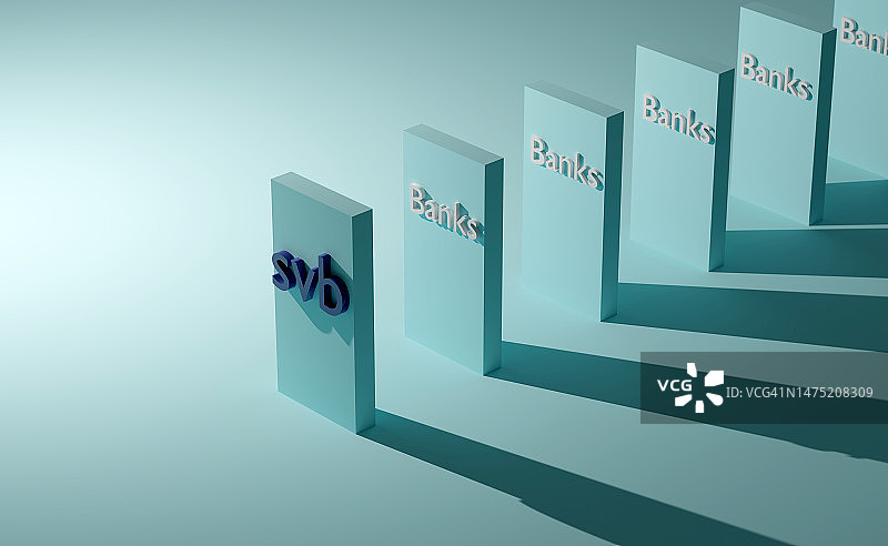 SVB崩溃和多米诺效应，3D渲染图片素材
