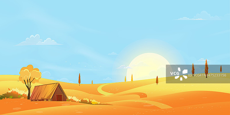 秋季乡村背景：美丽的仲秋农田山地橙色草地图片素材