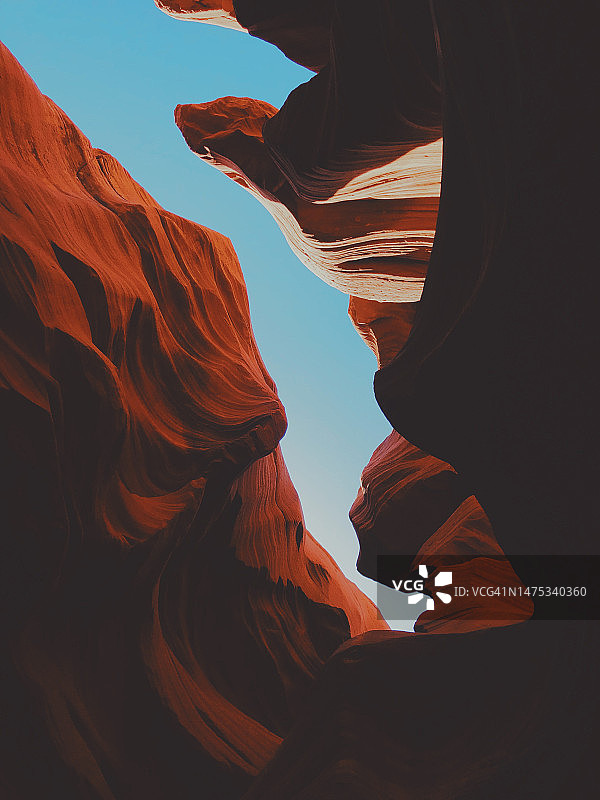 仰视美国亚利桑那州羚羊峡谷的岩层图片素材