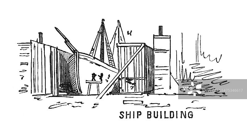 船舶建造复古雕刻插图图片素材