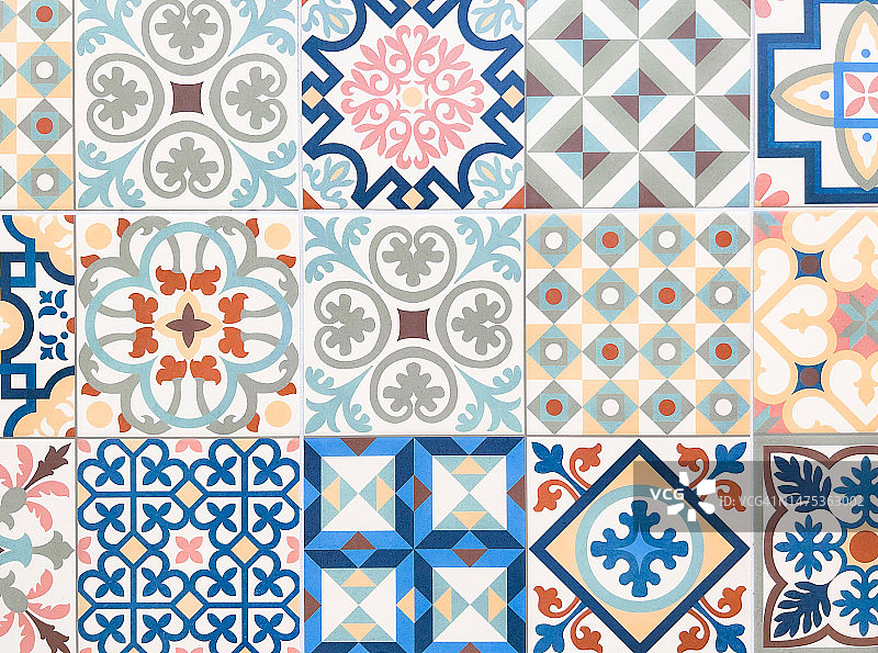 美丽的蓝白色瓷砖图案图片素材