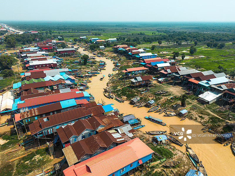 柬埔寨暹粒省洞里萨湖贡布鲁克水上村庄无人机视角图片素材