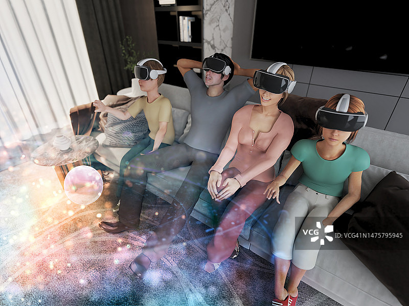 戴VR头显的家庭在客厅沙发上体验虚拟现实：元宇宙互动概念图片素材