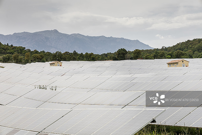科西嘉岛乡村的太阳能电池板农场图片素材