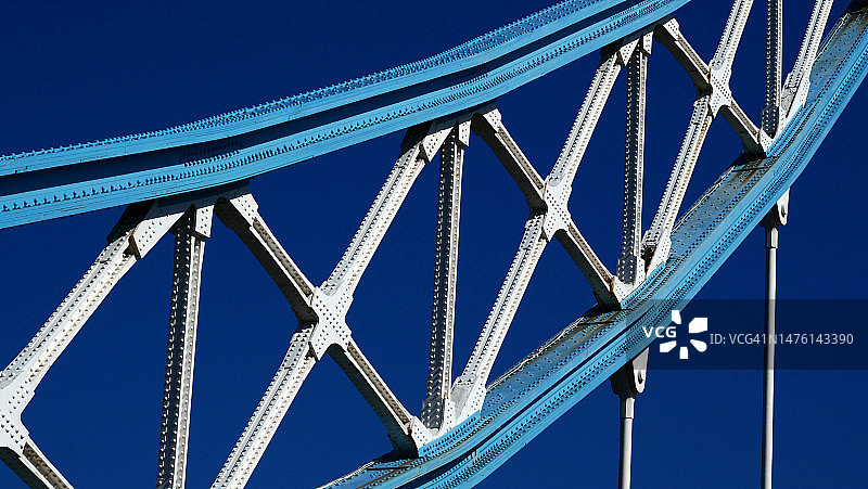 英国伦敦塔桥的铆接式蓝白色金属结构侧面图片素材
