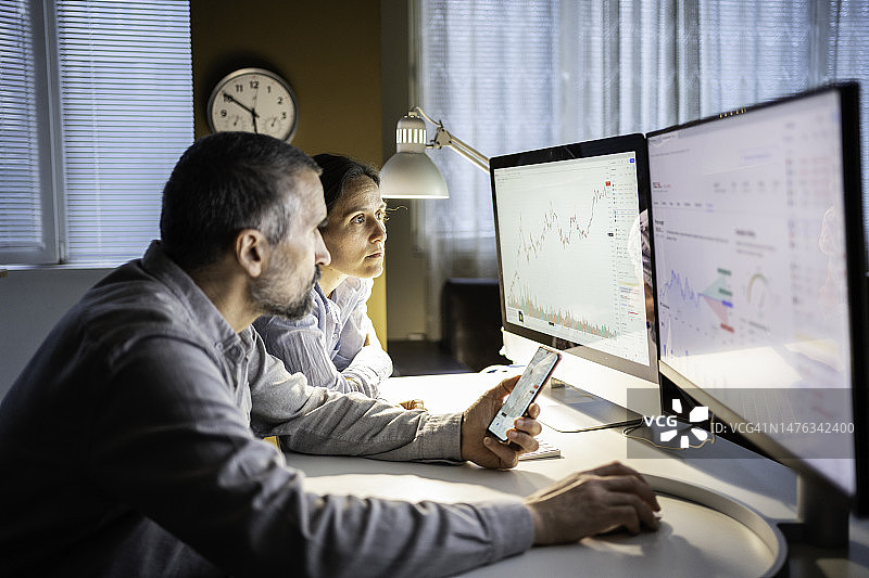 股票交易：交易员家庭在夜晚使用TradingView应用程序研究股票市场图片素材
