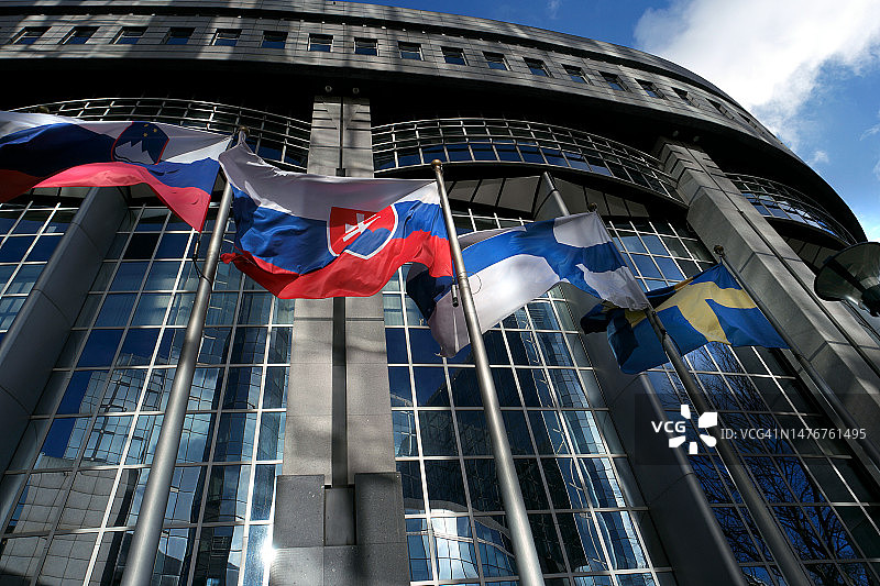 欧洲议会大厦前的欧洲各国国旗图片素材