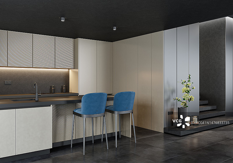 现代简约厨房，带长岛式中岛台和凳子，金色面板和深色石材图片素材