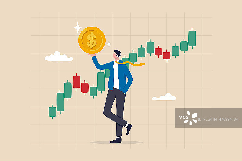 股市交易员：买卖股票赚取利润的技术分析、投资或财富管理、趋势跟踪概念，商人持有带图表的美元硬币图片素材