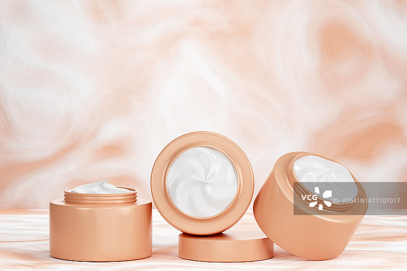 米色罐装白色保湿面霜，含玻尿酸成分，用于彩妆和护肤的化妆品，3D图案，留白区域图片素材