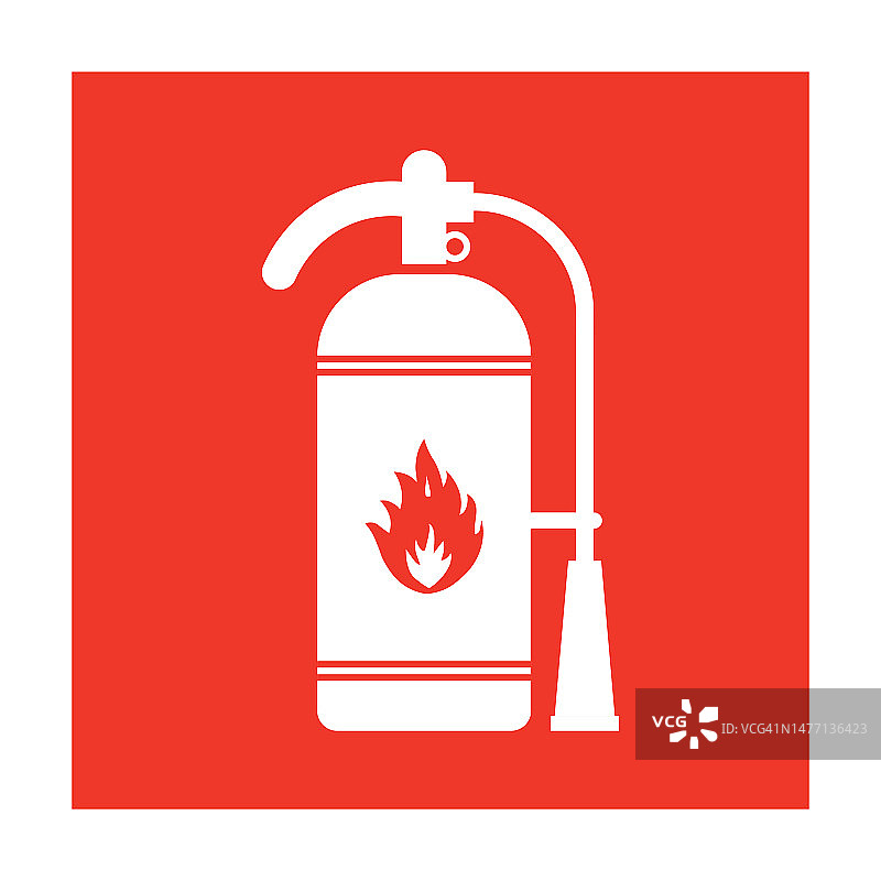 红色背景上的白色灭火器扁平图标，消防安全图片素材