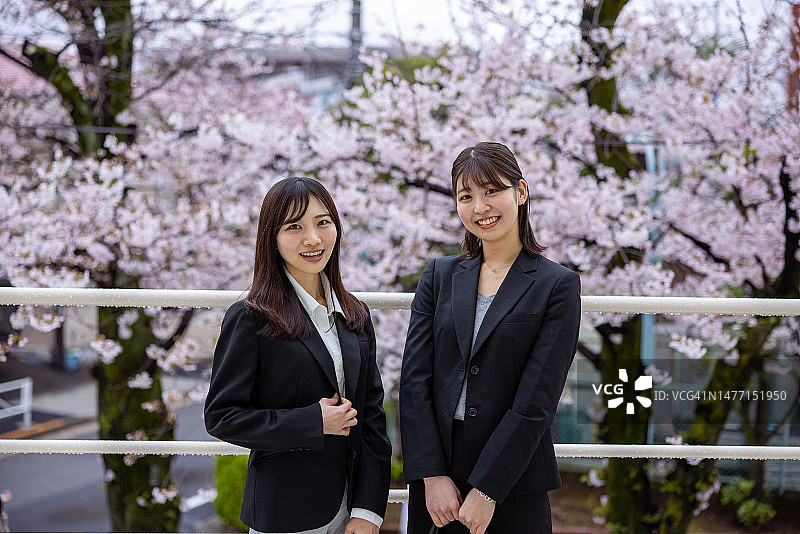 站在樱花树前的年轻女商人们图片素材